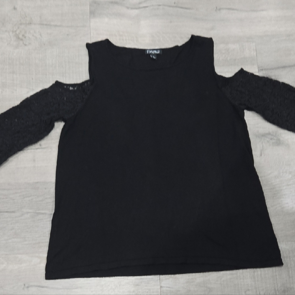 Roz & Ali Black Cold Shoulder Top with Lace Sleeves Large